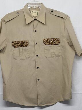 Vintage Sears Fieldmaster Mens Shirt XL 17-17.5 Safari Camp Short Sleeve Leopard